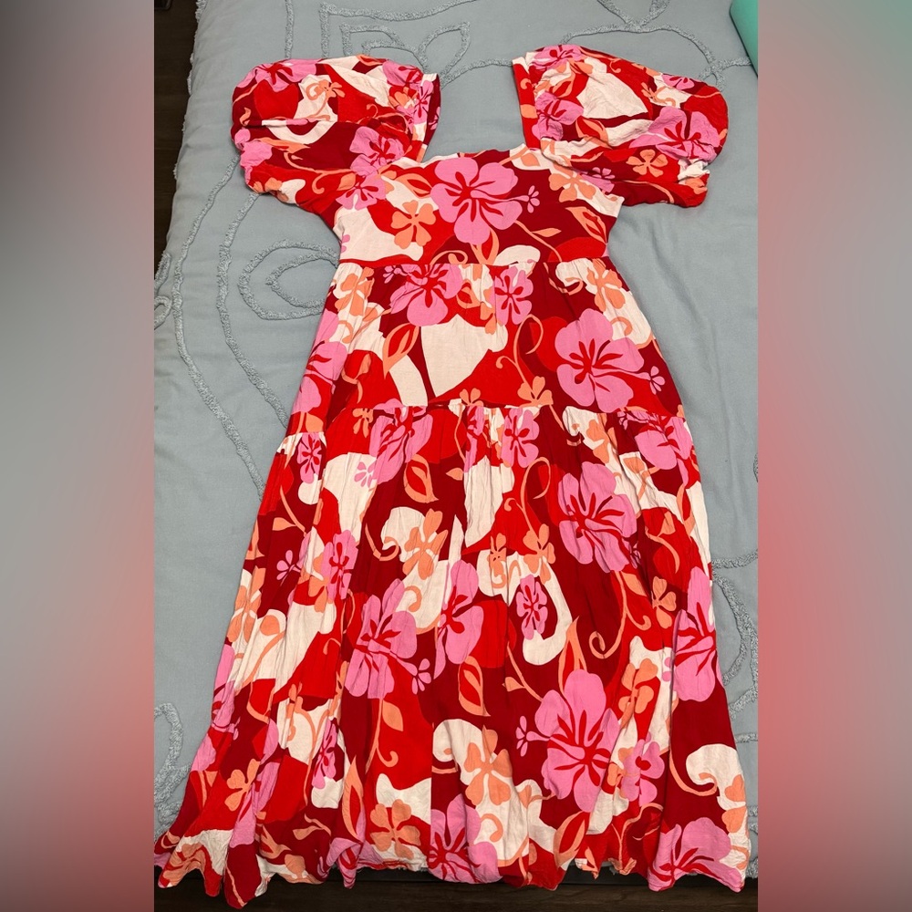 Entro Red and Pink Floral Smocked Midi Dress